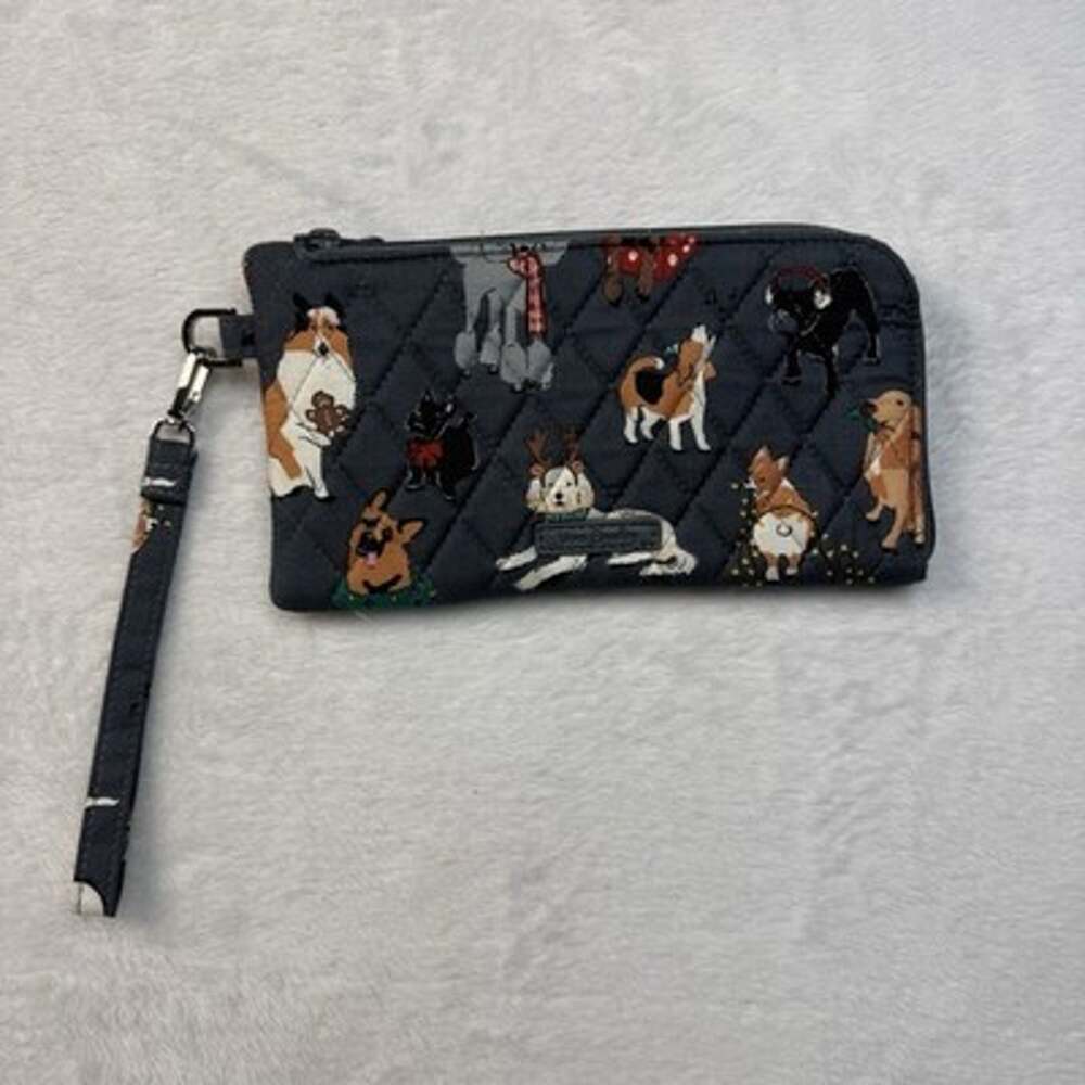Vera Bradley RFID Tech Phone Wallet Wristlet Cotton Holiday Dogs Christmas Gray